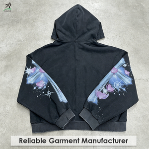 Sweat à capuche court zippé vintage personnalisé pour homme, imprimé DTG, coupe ample, ourlet brut, style streetwear, avec logo personnalisé OEM - Product Image 2