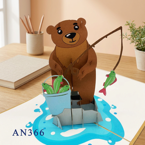 Carte pop-up Teddy Bear Fishing, thème animalier, découpe de papier, impression de dessin animé, carton AN366, décoration pour la maison - Product Image 1