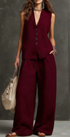 Nouvelle collection été 2026 : Ensemble 2 pièces chic et décontracté pour femme – Gilet sans manches en lin à col en V et pantalon large rose
