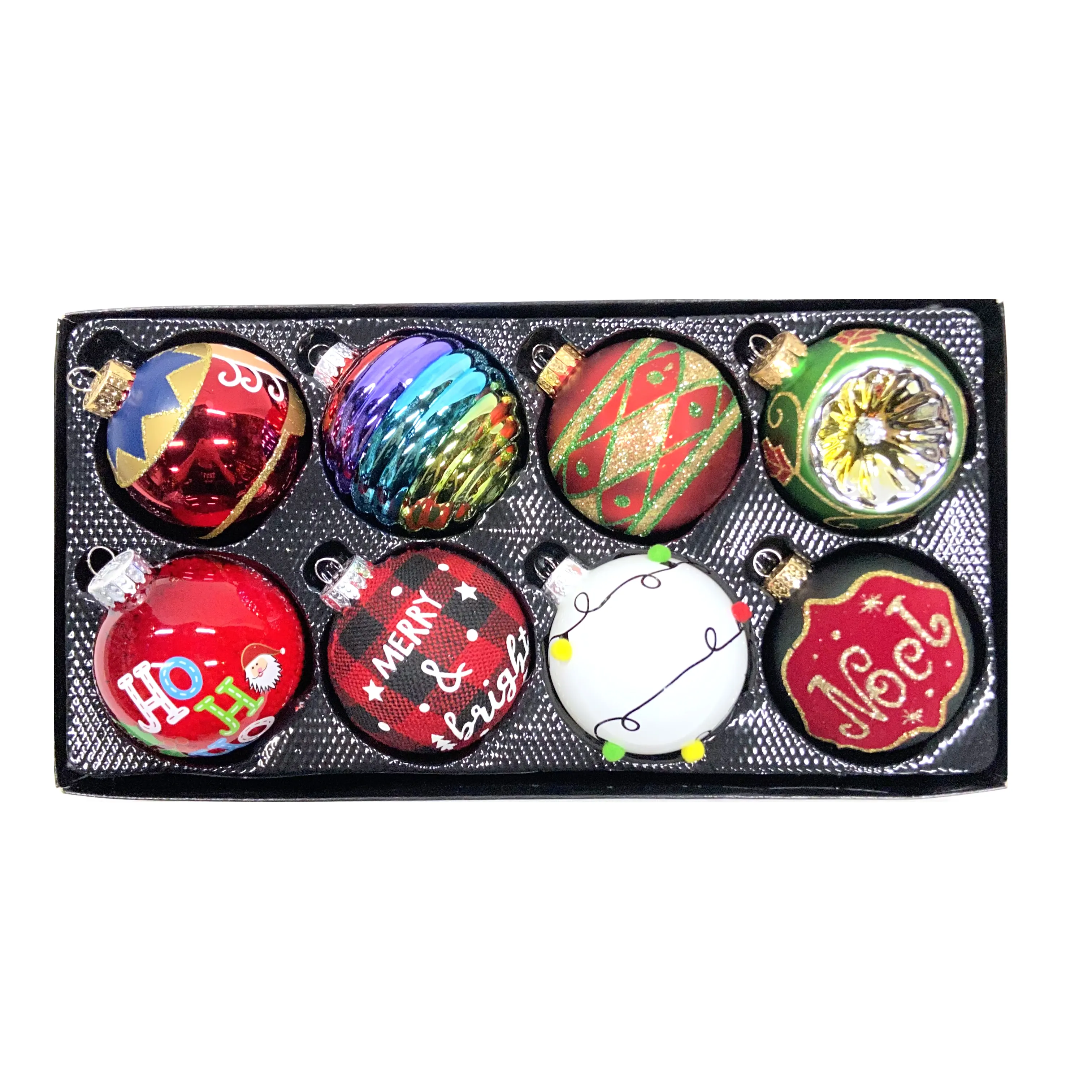 Adornos de cristal en caja de diseño colorido, bolas de bolas decorativas colgantes de 6cm, adornos de cristal de Navidad, 8 Uds.