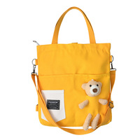 Sac fourre-tout en toile pour femme avec breloque ours en peluche, sac à bandoulière mignon, sac de shopping, sac de voyage quotidien avec fermeture éclair