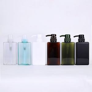 Bouteille de shampooing en plastique PET carrée vide de 250, 450 et 650 ml, transparente, marron et verte, pour liquides et lotions - Product Image 1