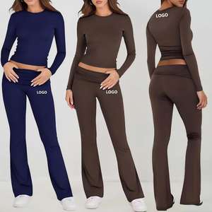 Eleganti Completi Autunnali da <span class=keywords><strong>Donna</strong></span> in 2 Pezzi - T-shirt a Maniche Lunghe e Pantaloni, <span class=keywords><strong>Abbigliamento</strong></span> Casual Aderente in Tinta Unita - Product Image 1