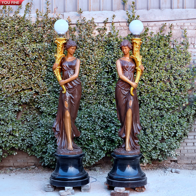 Garden Antique Bronze Lady Lamps Sculpture