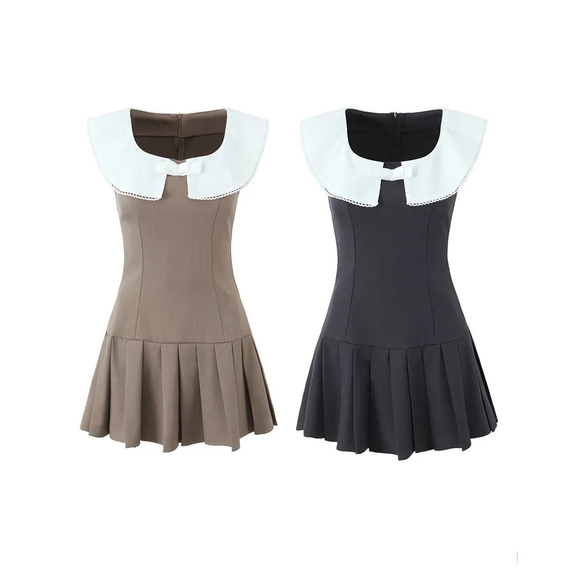 2 colorway solid color peter pan collar zipper fly casual fashion summer mini dress for women