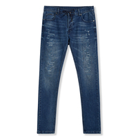 Jean slim déchiré bleu moyen pour homme, taille élastique avec cordon de serrage, denim délavé, OEM, marque privée DJSS2601M