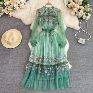 Vintage <span class=keywords><strong>Tul</strong></span> Vestido <span class=keywords><strong>de</strong></span> Mujer Temperamento O-cuello Gasa Bordado A-Line Flounce Socialite Vestido <span class=keywords><strong>de</strong></span> Noche Largo - Product Image 1