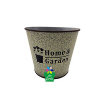 Pot de fleurs vintage rose en métal galvanisé, seau à plantes en fer avec motif feuille de Monstera et impression française « Fleurs » pour la décoration de la maison et du jardin