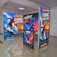 Expositor de pie con caja de luz LED para publicidad comercial de marca, stand de tela retroiluminado personalizado para entrevistas y fondos