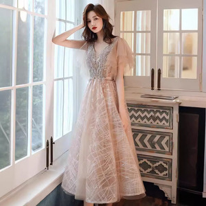 Champagne Evening Gown Women V-Neck A-Line Chiffon Empire Waist Long Dress For Party Birthday Elegant Socialite Style - Product Image 3