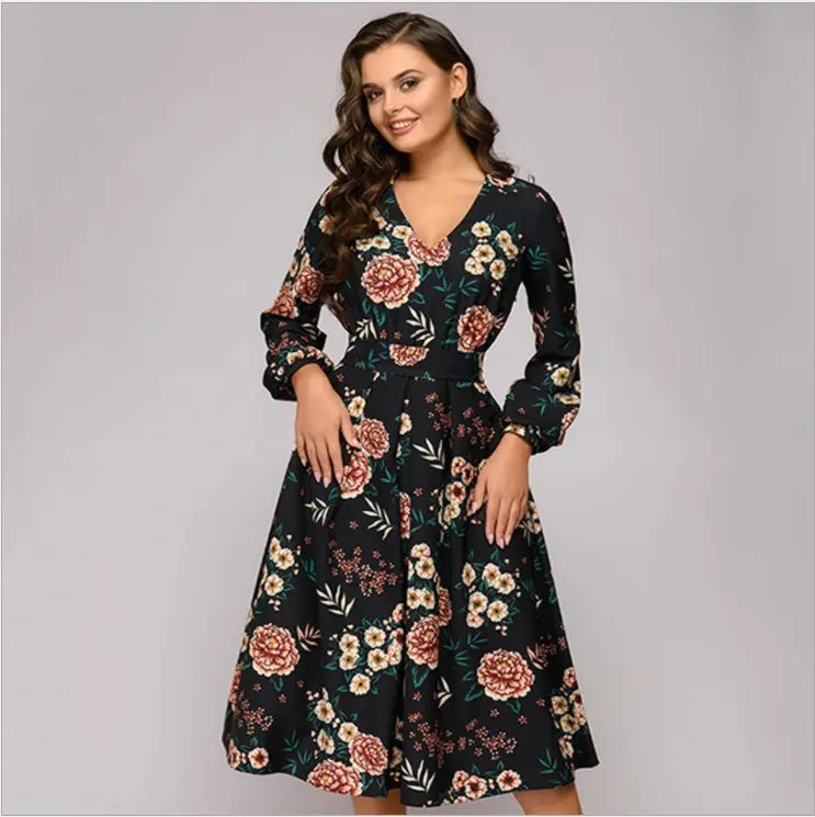 2019 sexy fashion v-neck long sleeve printing European and American women's dress