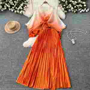 Ensemble décontracté 2 pièces pour femme : Tunique à nouer et jupe plissée dégradée taille haute – Vêtements américains en gros - Product Image 3