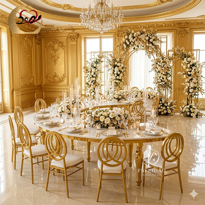 Modern Wedding Dinner Gold Metal Frame White MDF <b>Top</b> Serpentine Dining Table with Chairs for Home & Hotel Use - Product Image 5