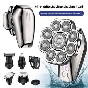 Afeitadora eléctrica rotativa con cabezal de 9 cuchillas, resistente al agua, lavable en todo el cuerpo, herramienta de aseo para hombres seis en uno - Product Image 1