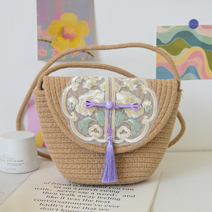 Chinese Style Straw Woven Bag Women Bohemian Shoulder Bag With Embroidery Tassel Summer Beach Handbag Horizontal <b>Square</b> Shape - Product Image 1