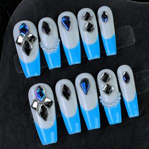 Uñas postizas de lujo acrílicas con estrellas y pedrería, de cobertura completa, hechas a mano, color azul ataúd, precio de fábrica al por mayor - Product Image 3