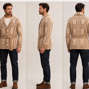 Cardigan pour homme 100 % polyester à carreaux, col châle, ceinturé, boutonné, <span class=keywords><strong>en</strong></span> maille, avec poches, automne-hiver, vente <span class=keywords><strong>en</strong></span> gros, OEM - Product Image 5