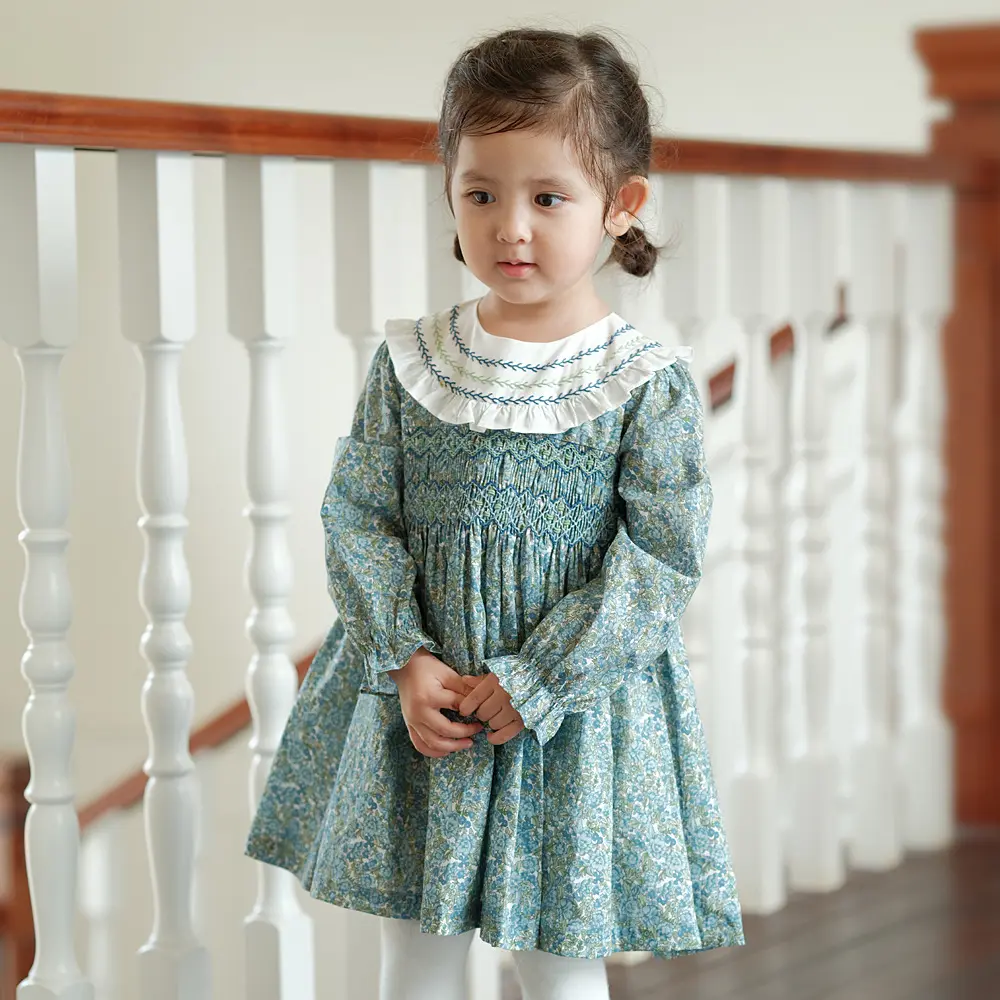 OEM ODM Long Sleeves Floral Cotton Fabric Kids Smocking Clothing Smocked Dress For Baby Girl