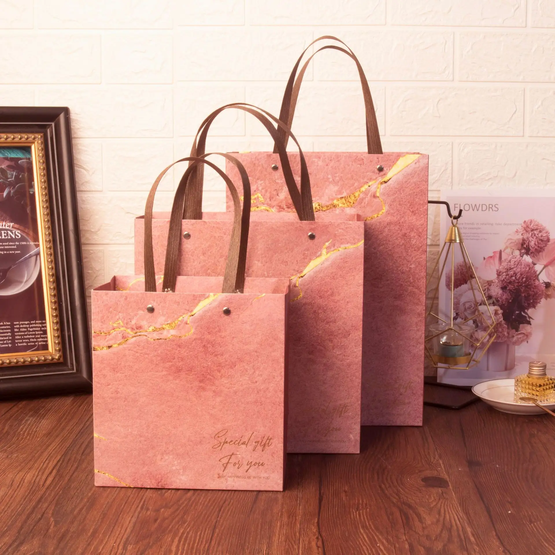 Turchese peachpuff romantico rosa confezione regalo borsa stampa personalizzata logo borsa shopping in marmo etichetta privata borsa fantasia con gancio