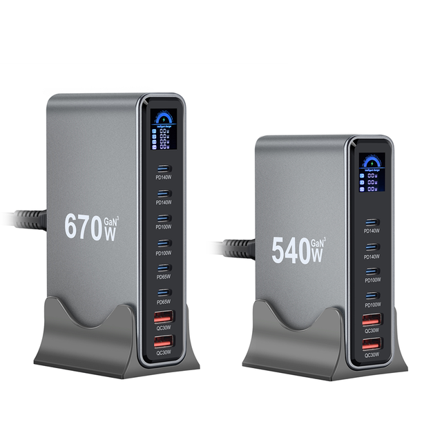540W 670W GaN³ Multi-Port Desktop Charging Station with LCD Digital Display PD140W PD65W QC30W USB-C USB-A Fast Charger Hub