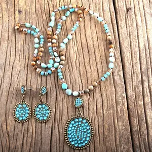 Fashion Boho Jewelry Set Natural Stone & Glass Knotted Pave Crystal Pendant Necklace Earring Set For Women Gift