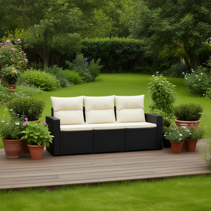 Sofá de Jardín Negro con Cojines Crema, Muebles de Exterior de Tres Plazas, Ratán de PE Resistente a los Rayos UV, Diseño Contemporáneo Impermeable - Product Image 2