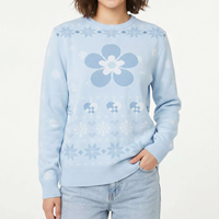 Pull en acrylique tricoté anti-boulochage bleu clair à motif de dessin animé, col rond, style 'Ugly Christmas' pour femmes et hommes