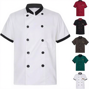 Veste de chef marron personnalisée pour homme, manches courtes, double boutonnage, col noir, uniforme professionnel de cuisine de restaurant, vente en gros - Product Image 5