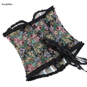 Plus Size Xs-xxl Vintage Renaissance Fair Corselet Woman's Black <strong>Rose</strong> Printed Denim Jean Fabric Ruffled Corset <strong>Top</strong> - Product Image 5