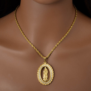 Colgante de acero inoxidable con cuerda trenzada, hueco, con la Virgen María milagrosa y diamantes de imitación, joyería personalizada al por mayor, colgante para collar. - Product Image 3