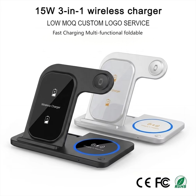 Factory Direct Foldable 15W 3-in-1 Wireless Phone Fast Charger Station Multi Device ABS+PC Charging Stand Bulk Wholesale