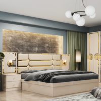 Ensembles de lit modernes de luxe en cuir, taille King/Queen, avec armoire, coiffeuse, fonction massage, hauteur réglable, rangement, cadre en bois