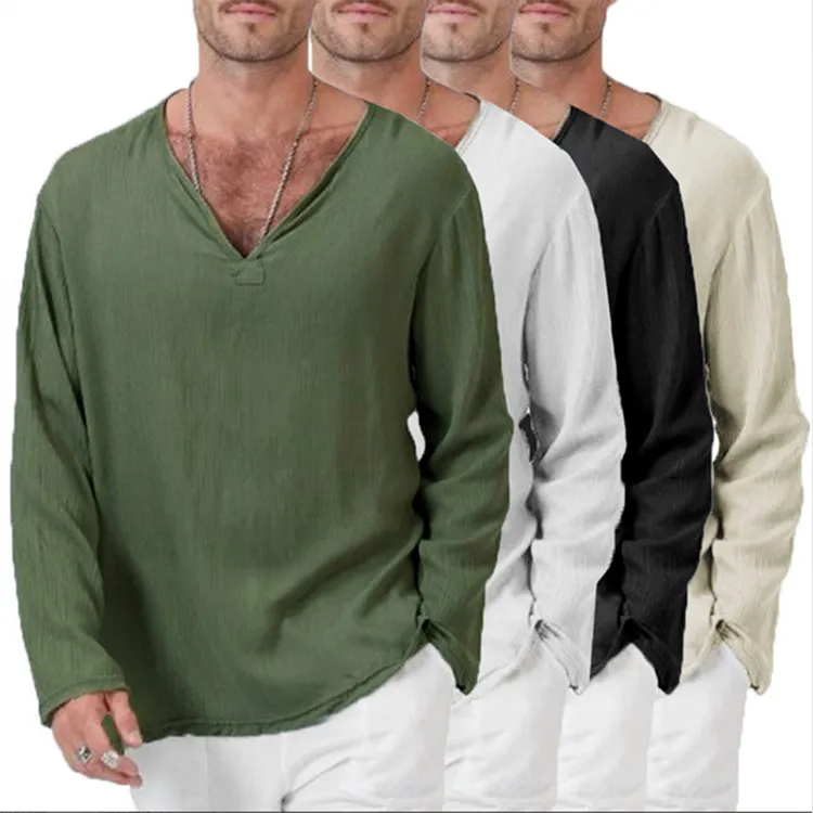 Hight Kwaliteit Linnen Shirts V-hals Casual Shirts Effen Kleur Met Lange Mouwen Voor Mannen