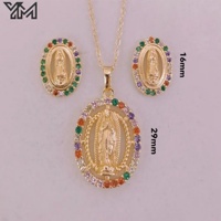 Ensemble de bijoux YM style vintage plaqué or 18 carats, collier et boucles d'oreilles en émail vert et zircon, amulette religieuse pour femmes