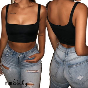 Top corto sexy de tirantes para mujer, sin mangas, con cuello asimétrico, para verano, playa, deportes, casual, con logo frontal personalizado - Product Image 1