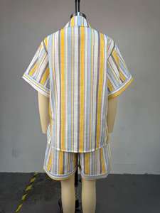 Set 2 Pezzi da <span class=keywords><strong>Donna</strong></span>: <span class=keywords><strong>Camicia</strong></span> a Righe a Maniche Corte <span class=keywords><strong>e</strong></span> <span class=keywords><strong>Pantaloncini</strong></span> con Coulisse - Coordinato Casual Estivo Sehe Fashion - Product Image 4