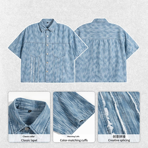 <span class=keywords><strong>Camisa</strong></span> de mezclilla de poliéster de <span class=keywords><strong>manga</strong></span> <span class=keywords><strong>corta</strong></span> para <span class=keywords><strong>hombre</strong></span>, lavada y desgastada, unisex, de marca, a la moda, con cuello vuelto, informal de verano, que absorbe la humedad. - Product Image 1
