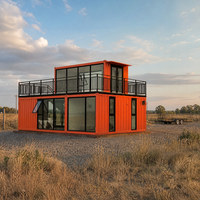 Maison mobile préfabriquée à deux étages avec une large façade vitrée et un balcon