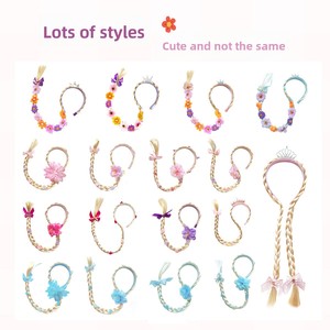 Perruques de princesse, perruque longue tressée de la princesse <span class=keywords><strong>Raiponce</strong></span> avec bandeaux et fleurs pour accessoires de costume pour filles - Product Image 2