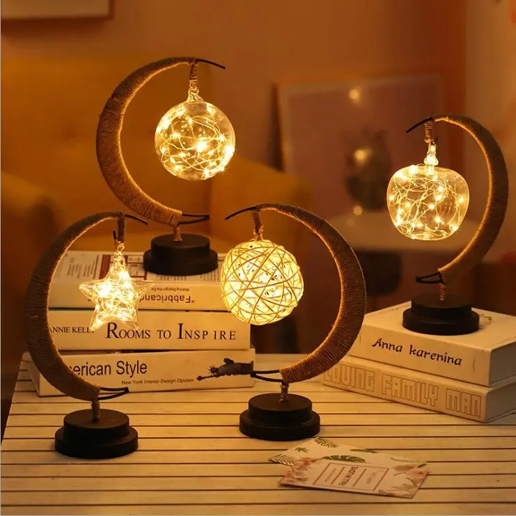 Star/apple/Rattan LED moon wishing ball table lamp Night bulb girl gift 3D Moon Holiday light for Home Decoration