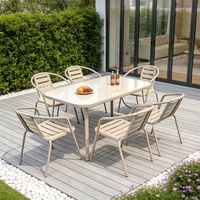 Ensemble de table et six chaises modernes d'extérieur, imperméables et résistantes aux UV, avec chaise ajourée et parasol, pour cour, jardin de thé, salon