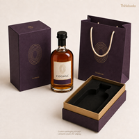 Boîte cadeau personnalisée en carton rigide couleur prune pour bouteille de cognac, avec couvercle amovible et insert ajusté pour une seule bouteille