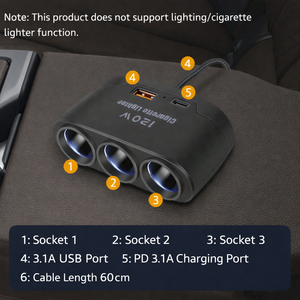 Adaptador de Corriente para Coche <span class=keywords><strong>3</strong></span> en 1 con Puerto USB Tipo C de 120W, Divisor de Encendedor de Cigarrillos de 12V/24V, Cargador Rápido para Teléfono, DVR, GPS y Dashcam - Product Image 3