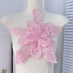 Hot sale luxury pink beaded flower applique with sequins shining panel wedding woman dress accessories cut work