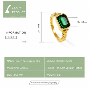 Green Rectangular Zirconia <b>Ring</b> Stainless Steel 14K Gold Vacuum Plated Twisted <b>Band</b> with <b>Emerald</b> Color Stone - Product Image 3