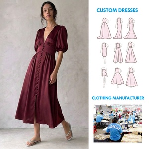 Produttore OEM ODM di Abiti Midi in Raso Bordeaux, Vestito Personalizzato con Scollo a V Profondo e Maniche a Sbuffo per Donna, Abbigliamento Casual da Ufficio - Product Image 1