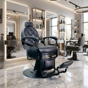Sillón de Barbería Vintage de Alta Resistencia, Sillón de Peluquería Reclinable de Cuero Negro de Lujo con Reposacabezas y Reposapiés Ajustables para Peluquería - Product Image 1