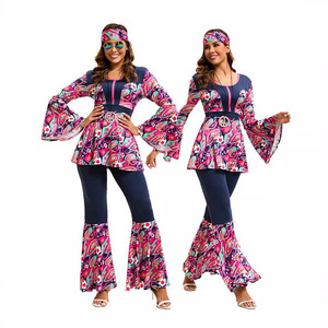 Women 70s Retro Hippie Disco <b>Dance</b> Costume Bohemian Flared Sleeve Skirt Outfit High Waist Breathable Party Jumpsuit - Product Image 1