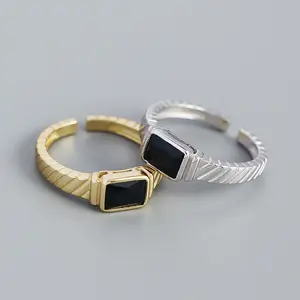 Women Fine Ring 925 Sterling Silver Europe And America Antique Retro Black Rectangle Shape Adjustable Ring For Women