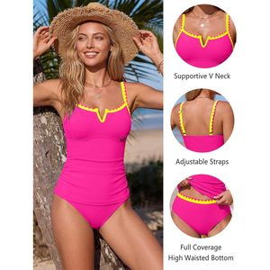 Trajes de baño tankini para mujer, conjunto de 2 piezas, traje de baño modesto con control de abdomen, tirantes ajustables, cuello en V y ribete en contraste - Product Image 4